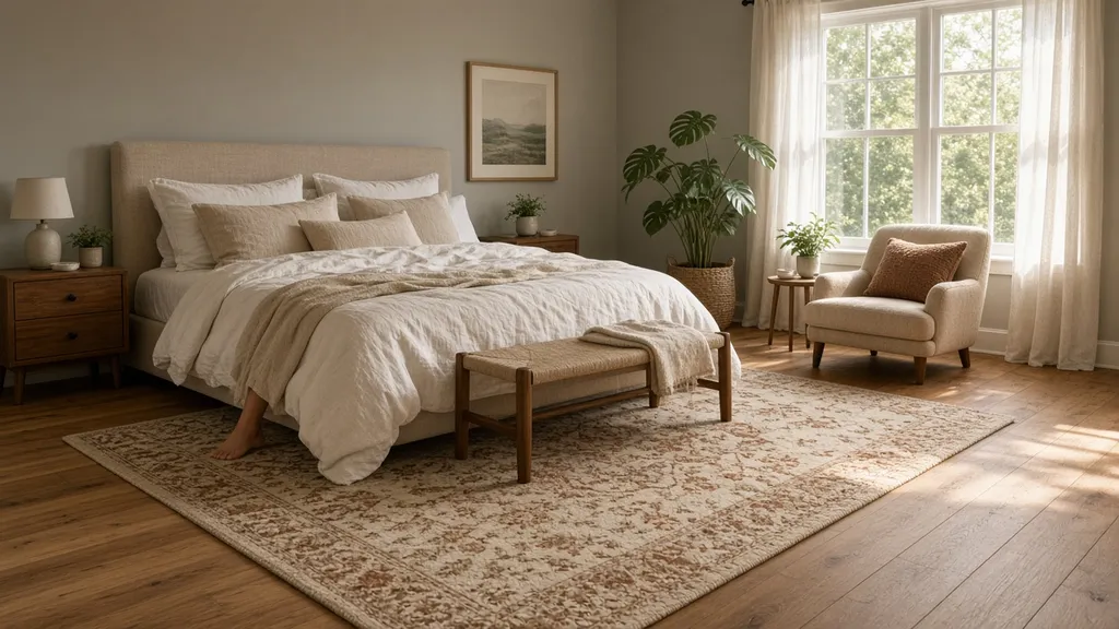 A bright bedroom with a large cream and rust rug under the lower part of a queen bed, extending past both sides and the foot of the bed (AI-generated image)
