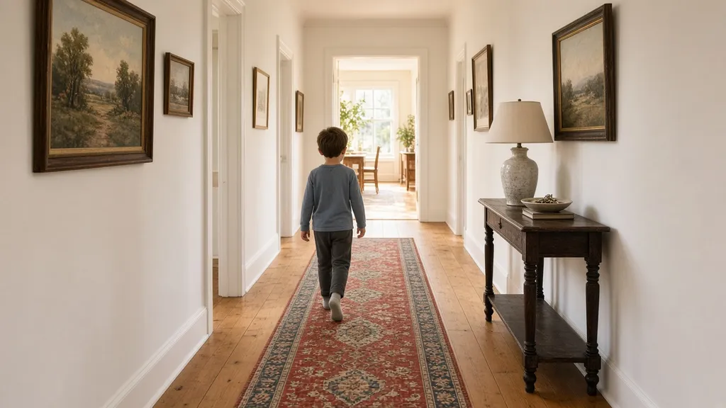 A long hallway with a red and blue runner rug centered on the wood floor, a few inches of floor showing on each side, a boy walking down it (AI-generated image)
