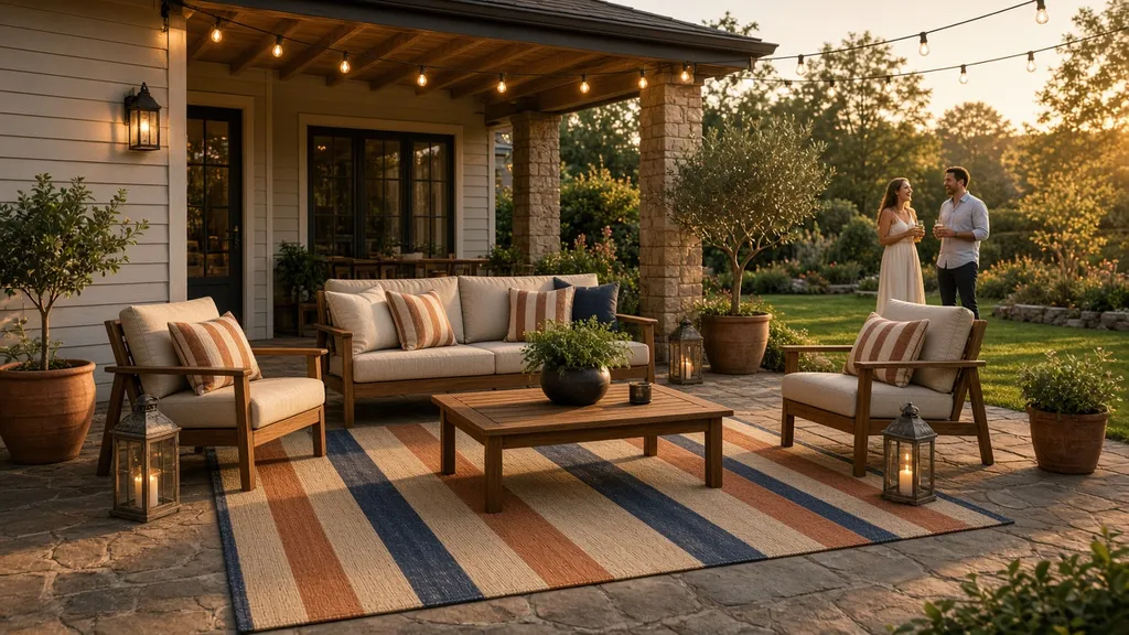 A covered patio at golden hour with a striped outdoor rug under a teak sofa, two lounge chairs and a coffee table, a couple chatting nearby (AI-generated image)